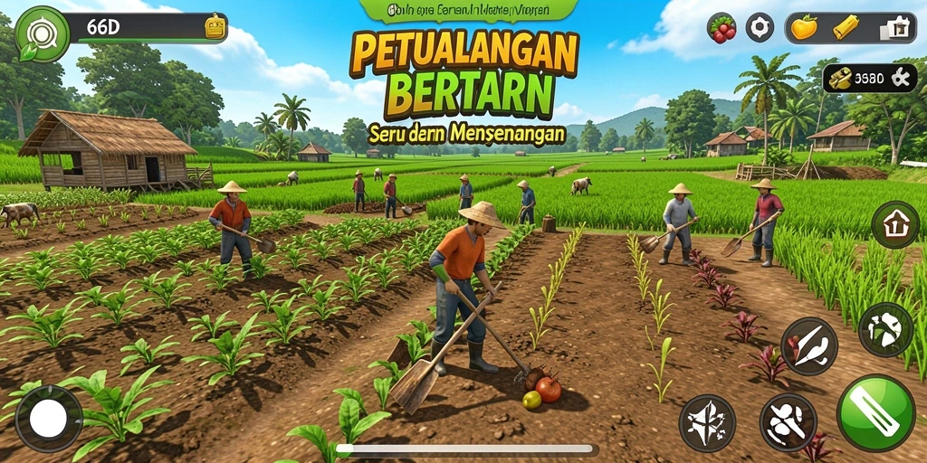 Tangkapan layar menggambarkan gameplay bercocok tanam di ladang yang indah.