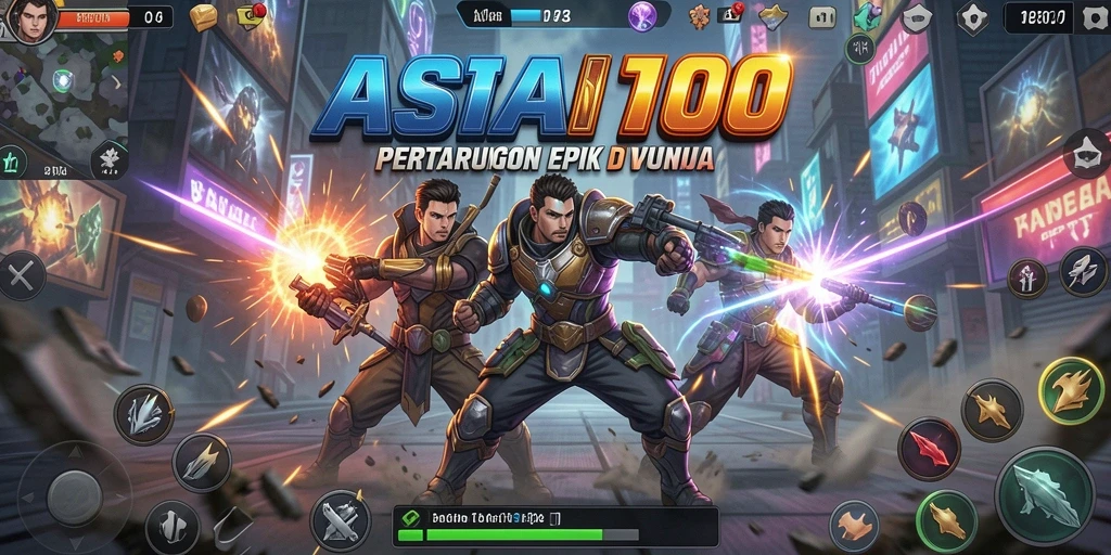 Screenshot utama ASIA100 menampilkan pertarungan seru karakter-karakter ikonik.