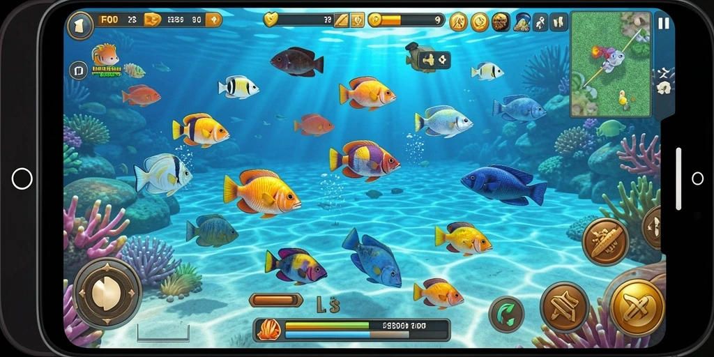 Screenshot utama FO8 menampilkan aksi tembak ikan yang seru.