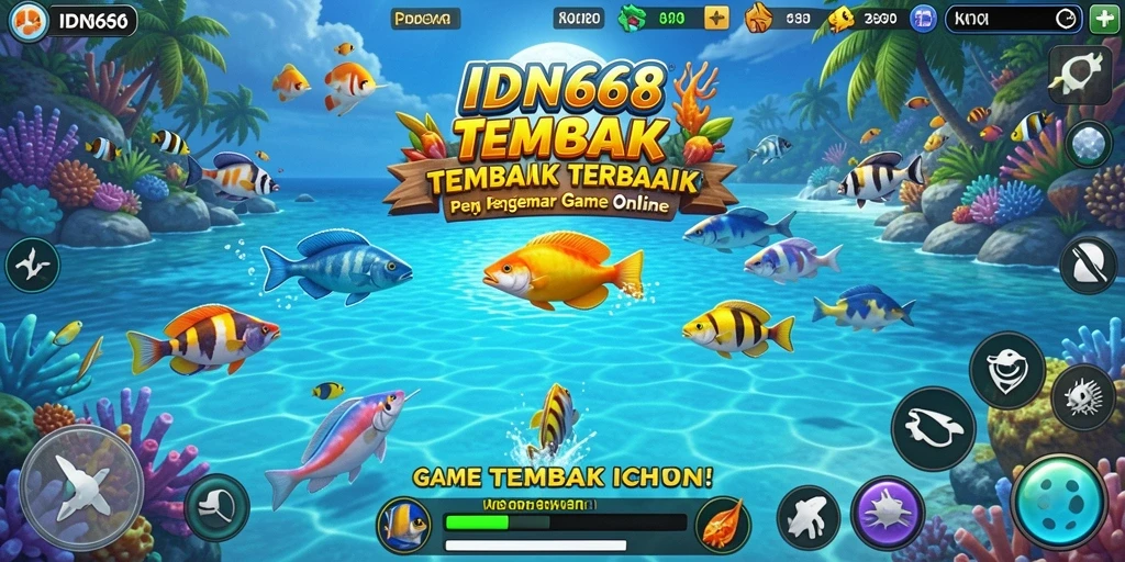 Screenshot utama gameplay IDN668 menampilkan aksi tembak ikan yang seru.