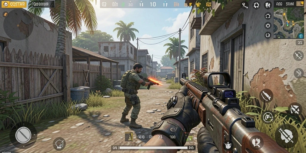 Tampilan gameplay QQSTAR dengan aksi menembak yang intens.